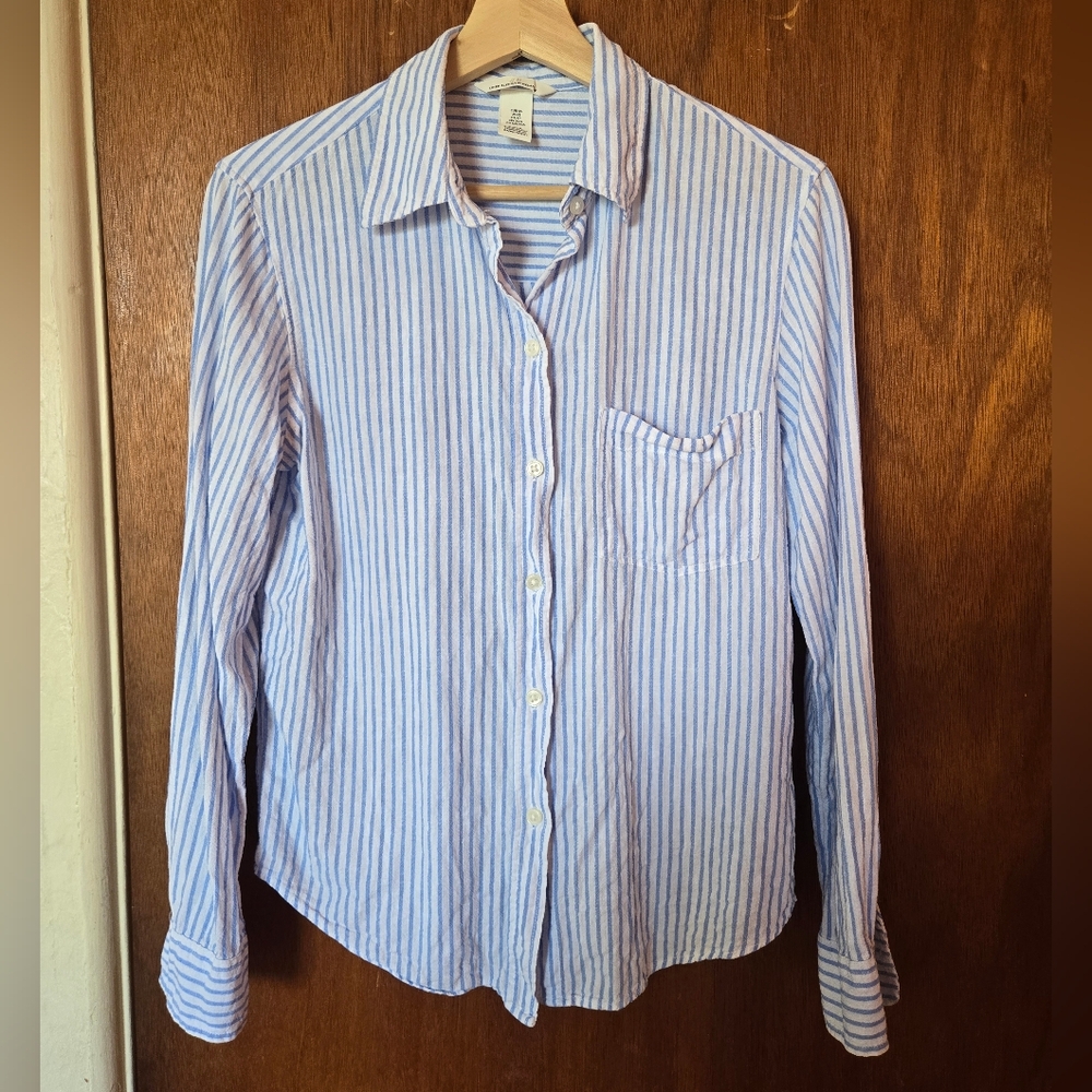 H&M Linen Blend Blue and White Striped Button-Up Shirt, XS